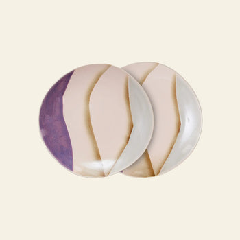 The HKLIVING 70s Ceramics Side Plates, Set of 2, feature abstract beige, tan, and purple designs—perfect for adding a retro touch to your table.