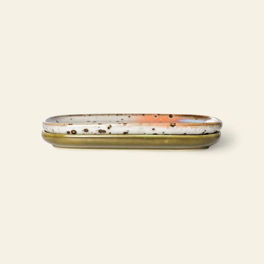 The HKLIVING 70s Ceramics: Small Trays, Set of 2 - Atlas features rectangular trays with rounded edges, a speckled cream and brown glaze on top, and an olive green base, inspired by vintage design.