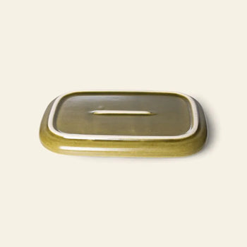 The HKLIVING 70s Ceramics: Small Trays, Set of 2 - Atlas features rectangular, olive-green ceramic lids with small central handles and white borders, evoking retro style, shown on a light beige background.