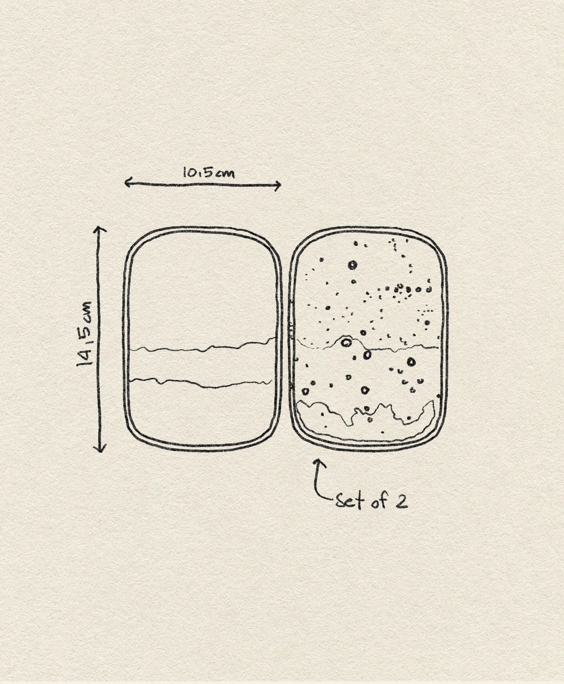 A hand-drawn illustration depicts two HKLIVING 70s Ceramics Small Trays (Atlas), set of 2, each with a lid and vintage style. Dimensions: 14.5 cm tall, 10.5 cm wide. "Set of 2" is labeled; containers appear partially filled.