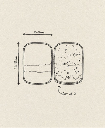 A hand-drawn illustration depicts two HKLIVING 70s Ceramics Small Trays (Atlas), set of 2, each with a lid and vintage style. Dimensions: 14.5 cm tall, 10.5 cm wide. "Set of 2" is labeled; containers appear partially filled.