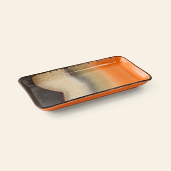 HKLIVING 70s Ceramics: Small Trays, Set of 2 - Twenty Four Hours features rectangular ceramic plates with rounded edges and a vintage-inspired gradient in orange, beige, and dark brown, displayed on a neutral background.