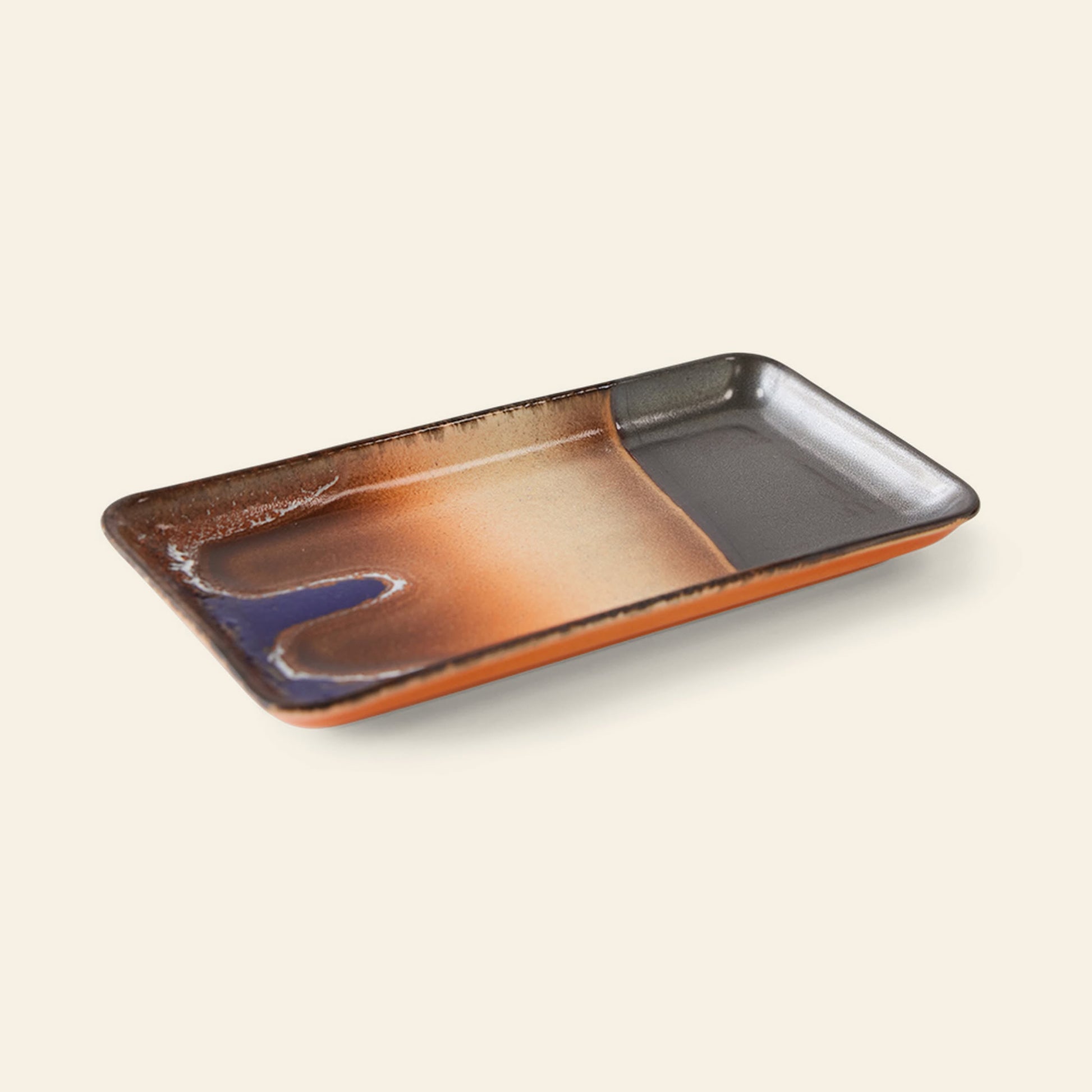 The HKLIVING 70s Ceramics: Small Trays, Set of 2 - Twenty Four Hours features rectangular ceramic plates with rounded edges and a brown, orange, blue, and gray gradient glaze on beige—ideal for adding vintage flair to your table.