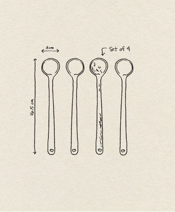 A minimal line drawing shows four identical HKLIVING 70s Ceramics Spoons L (16.5 x 3 cm) arranged vertically as a set of 4, against a plain light beige background.