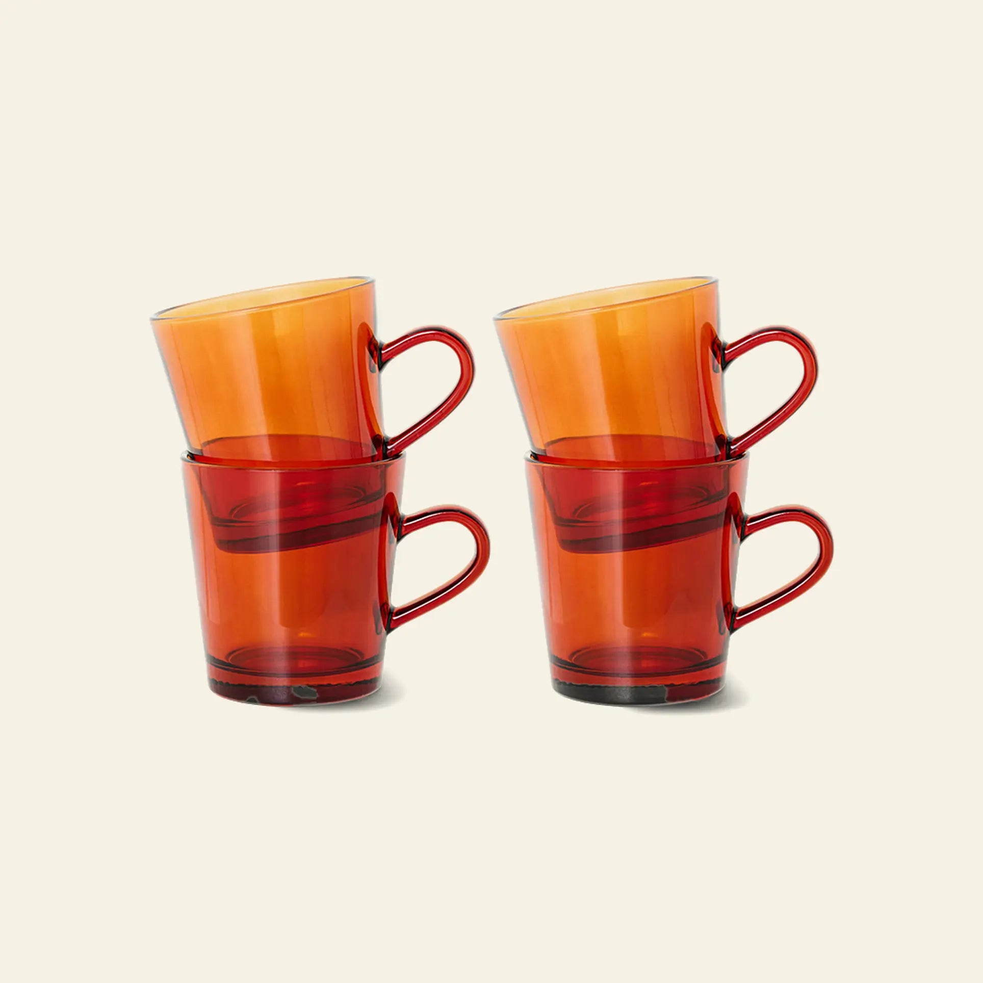 The HKLIVING 70s Glassware Coffee Cups, Set of 4, feature classic red cups stylishly stacked in pairs on a light beige background, echoing vintage design from HKLIVING.