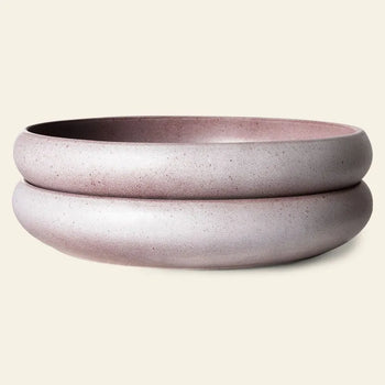 The HKLIVING Bold & Basic Ceramics Deep Plate, Set of 2, features round, minimalist ceramic bowls with a subtle pink hue and thick, raised rims, adding stylish elegance to any table setting.