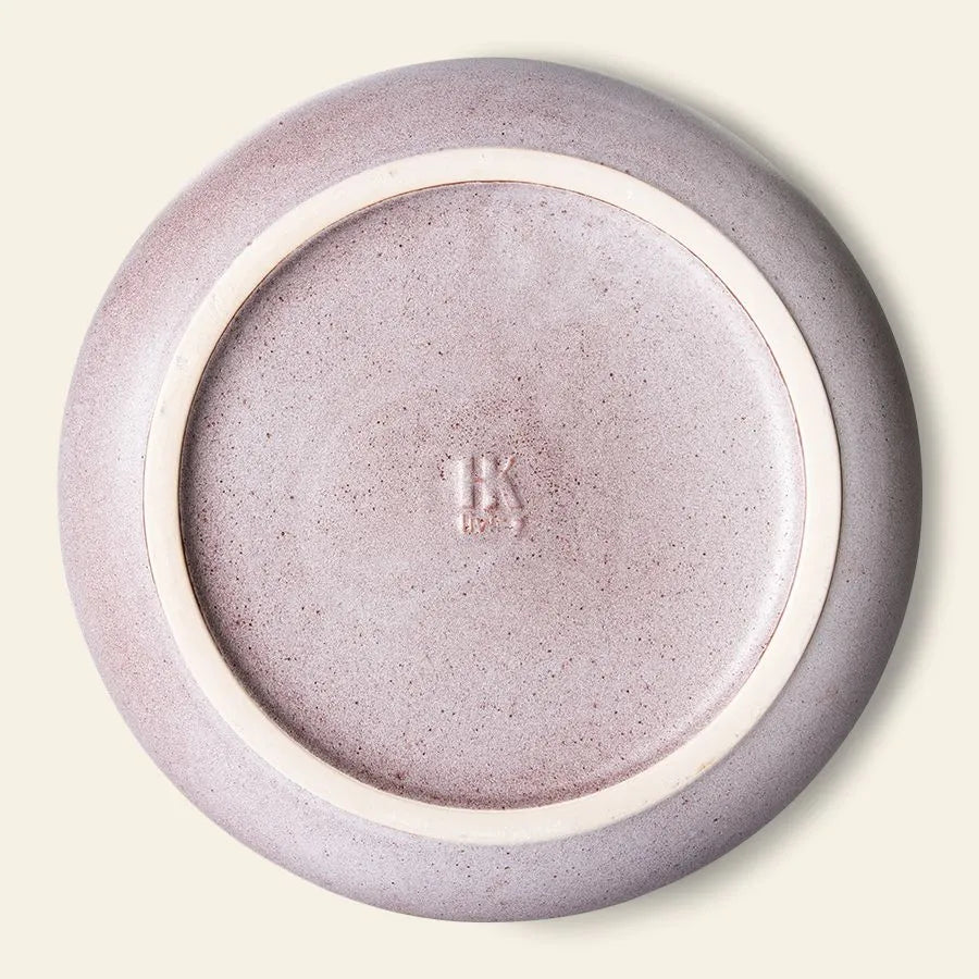 The HKLIVING Bold & Basic Ceramics Deep Plate set of 2 features round, light mauve ceramic plates with a textured base, circular unglazed ring, and an embossed “HK” maker's mark—a stylish addition to your tableware.