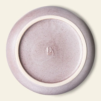 The HKLIVING Bold & Basic Ceramics Deep Plate set of 2 features round, light mauve ceramic plates with a textured base, circular unglazed ring, and an embossed “HK” maker's mark—a stylish addition to your tableware.