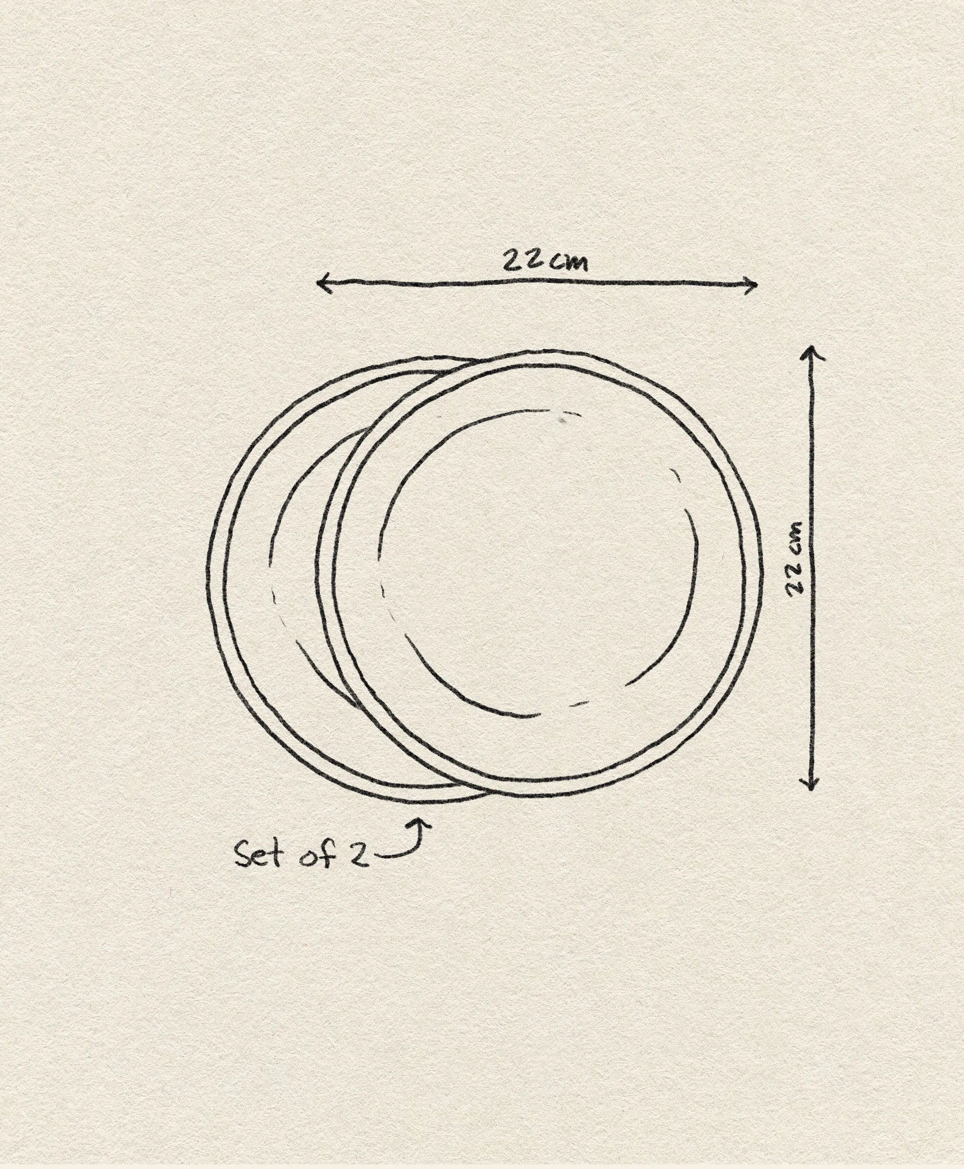 A simple line drawing shows two overlapping HKLIVING Bold & Basic Ceramics Deep Plates (set of 2, 22 cm diameter), illustrated in a stylish way on a textured off-white background.