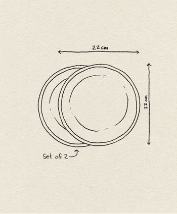 A simple line drawing shows two overlapping HKLIVING Bold & Basic Ceramics Deep Plates (set of 2, 22 cm diameter), illustrated in a stylish way on a textured off-white background.