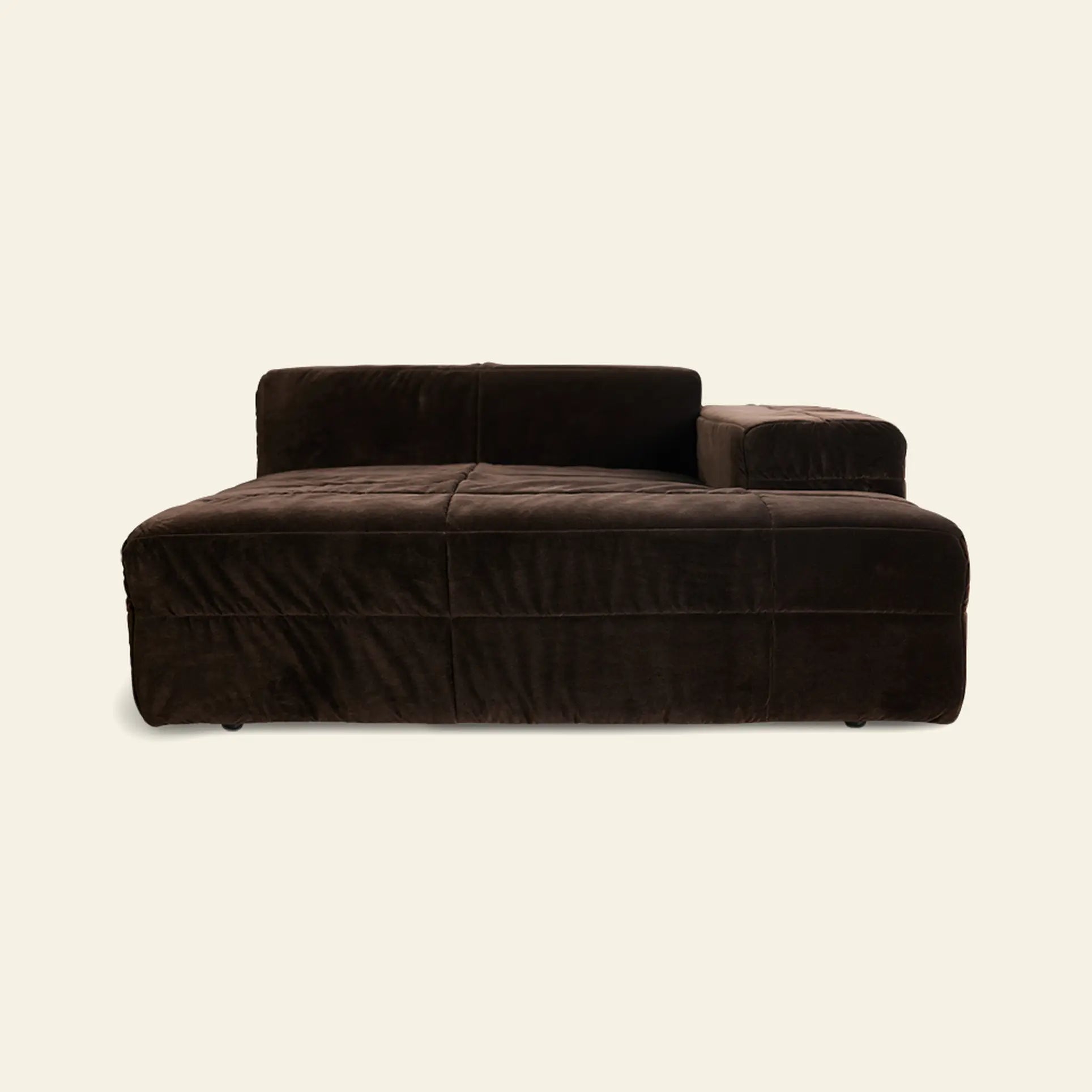 The HKLIVING Brut Sofa, Right Divan by HKLIVING is a plush dark brown velvet sculptural chaise lounge with a low backrest and wide right armrest, shown against a plain light background.