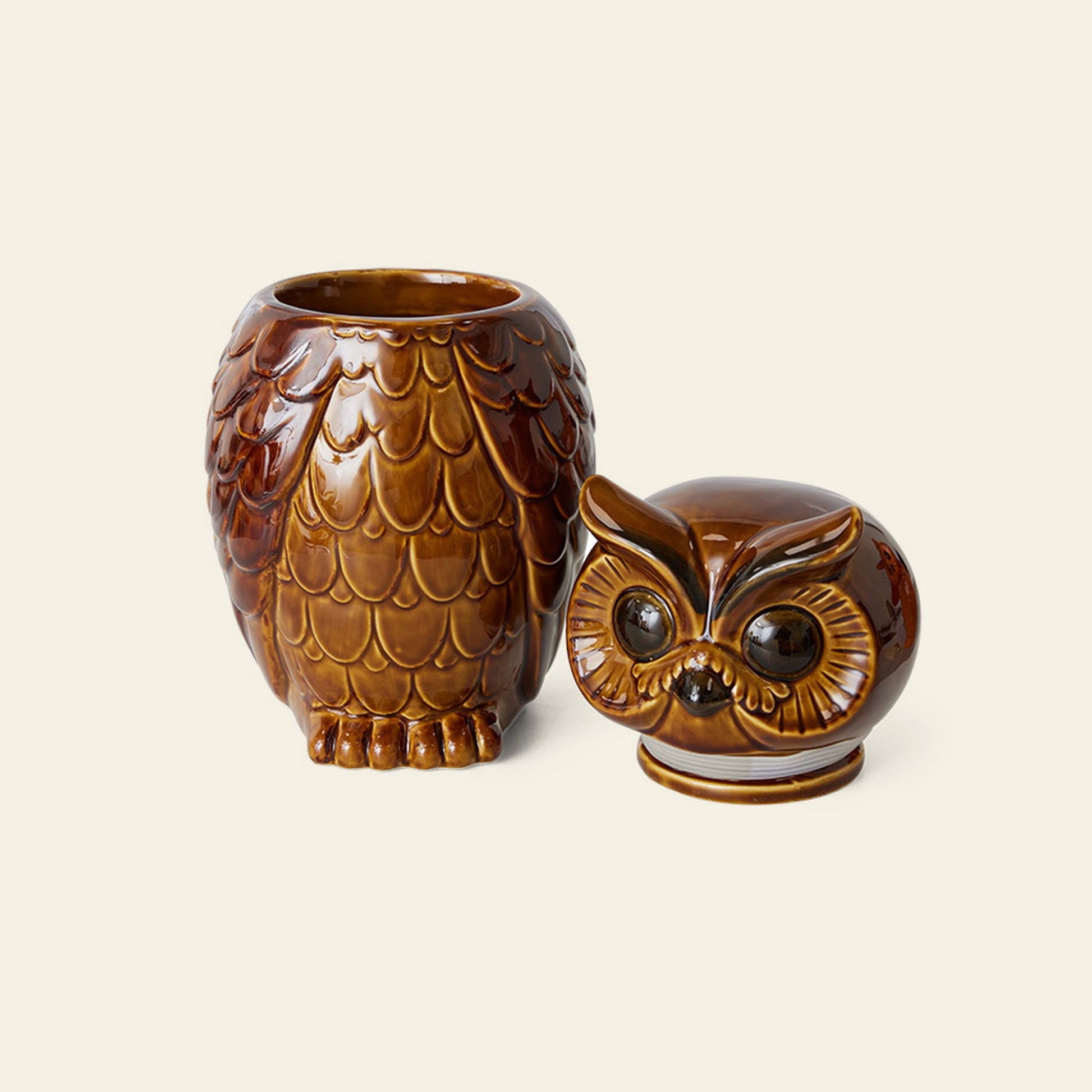 The HKLIVING Ceramic Owl Jar by HKLIVING features a brown ceramic owl with a removable head and intricate feather details—ideal for retro owl jar collectors or vintage decor lovers.