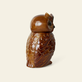 The HKLIVING Ceramic Owl Jar by HKLIVING features a glossy brown finish, detailed feather designs, and a removable head—this charming vintage decor piece is shown against a plain light background.