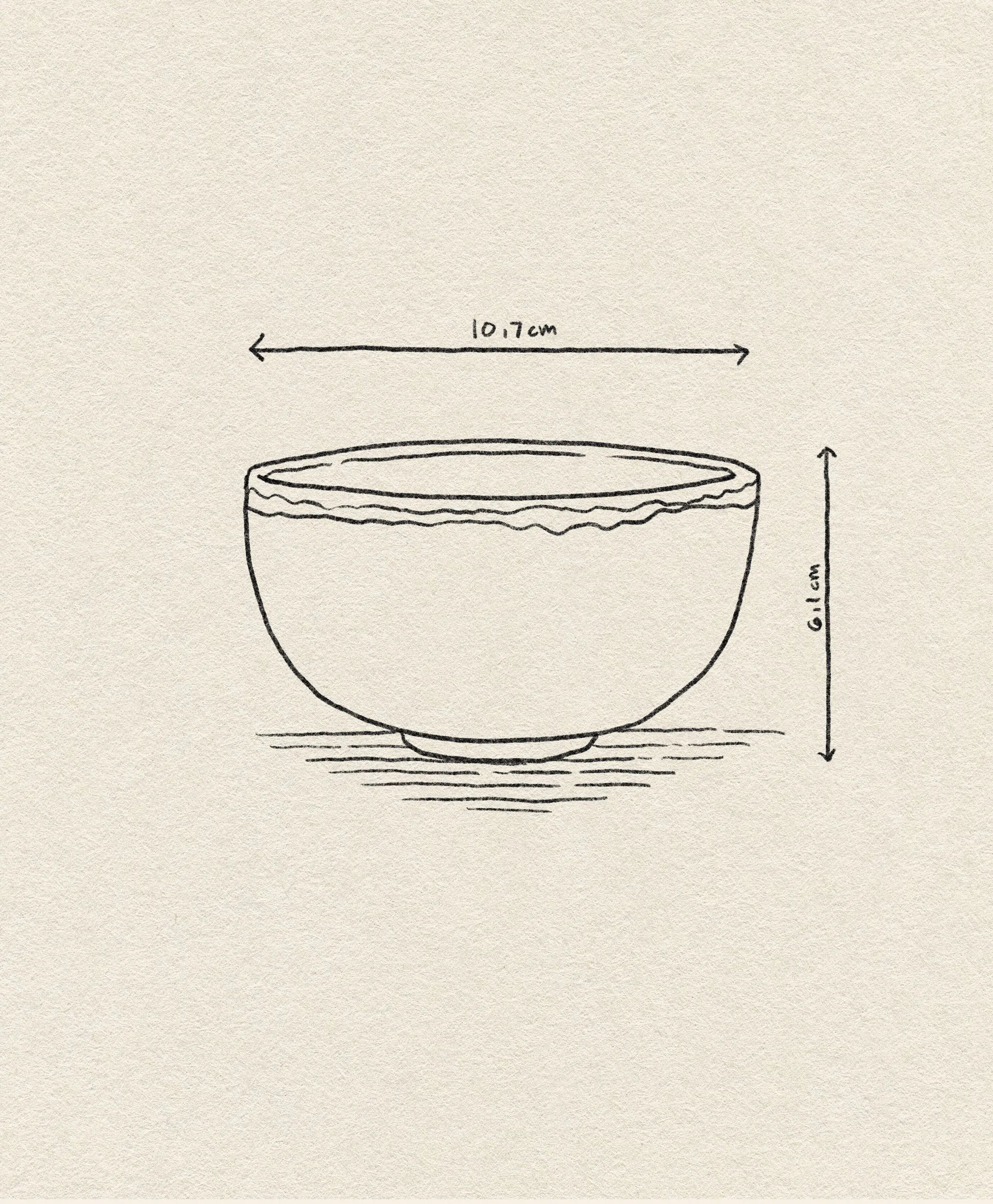 A simple line drawing of the HKLIVING Chef Ceramics: Bowl by HKLIVING, featuring wavy rim details and dimensions (10.7 cm wide, 6.1 cm tall), on a textured beige background.