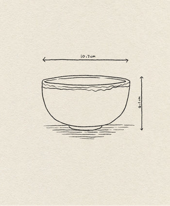 A simple line drawing of the HKLIVING Chef Ceramics: Bowl by HKLIVING, featuring wavy rim details and dimensions (10.7 cm wide, 6.1 cm tall), on a textured beige background.