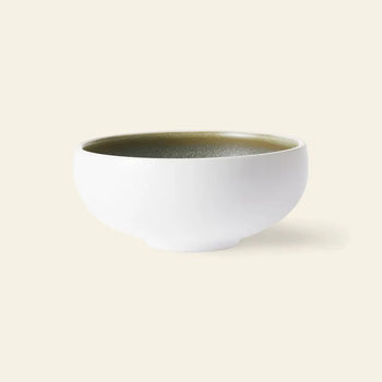The HKLIVING Chef Ceramics: Bowl features a durable white porcelain exterior, a smooth rounded shape, and a hand-glazed olive-green glossy interior, all showcased on a light beige background.