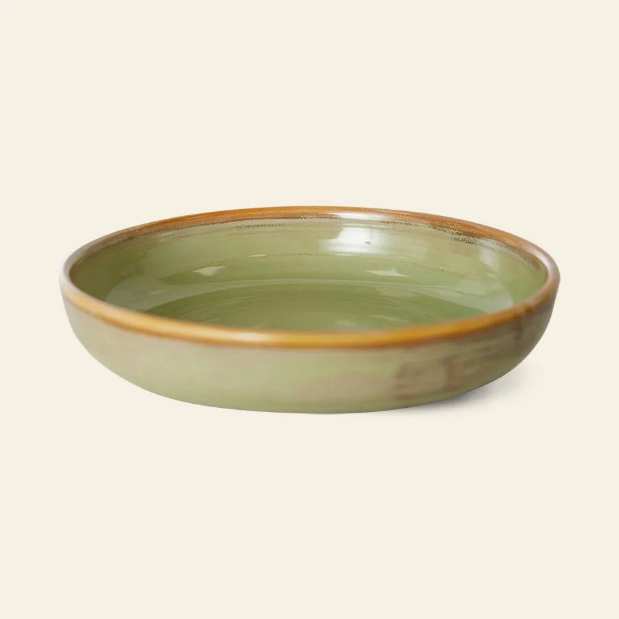 The HKLIVING Chef Ceramics: Deep Plate M is a hand-glazed ceramic bowl featuring a glossy olive green interior and a light brown rim, shown on a plain, light background.