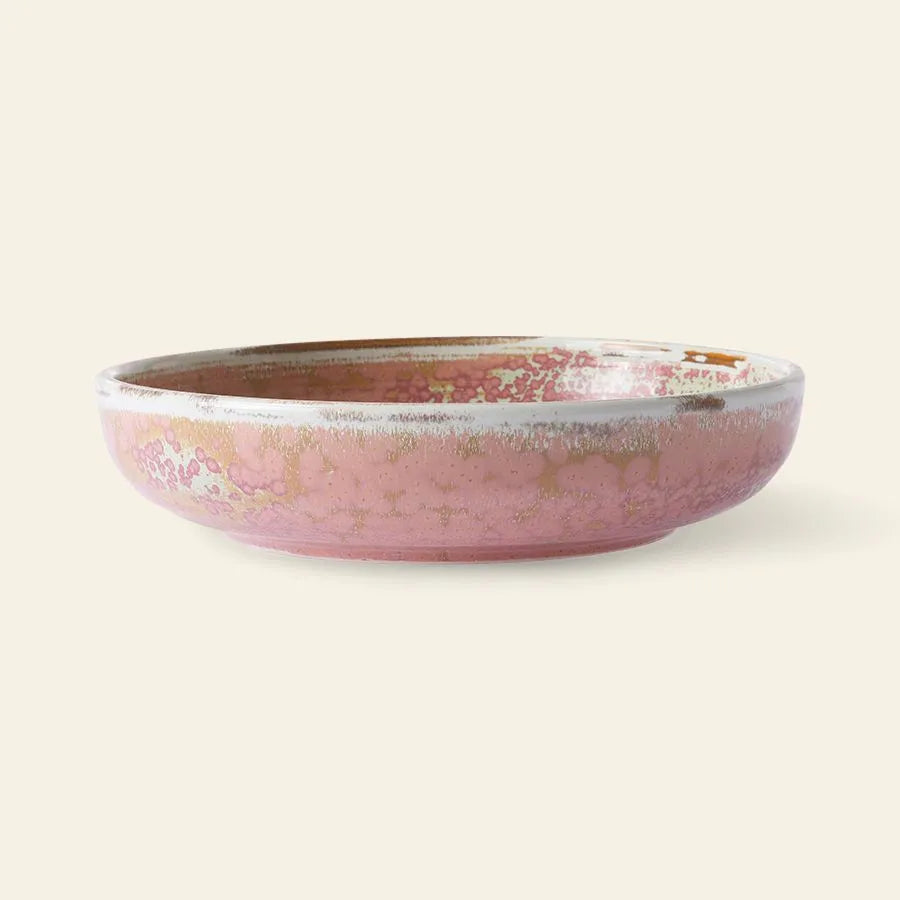 The HKLIVING Chef Ceramics: Deep Plate M is a shallow, round ceramic bowl featuring a glossy pink and white speckled glaze that stands out against a plain light background.