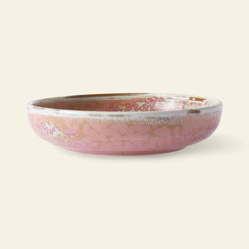 The HKLIVING Chef Ceramics: Deep Plate M is a shallow, round ceramic bowl featuring a glossy pink and white speckled glaze that stands out against a plain light background.