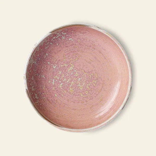 The HKLIVING Chef Ceramics: Deep Plate M is a round, hand-glazed ceramic plate in pink with gold speckles and a textured finish. Each unique piece from HKLIVING's Chef Ceramics collection is shown on a plain cream background.