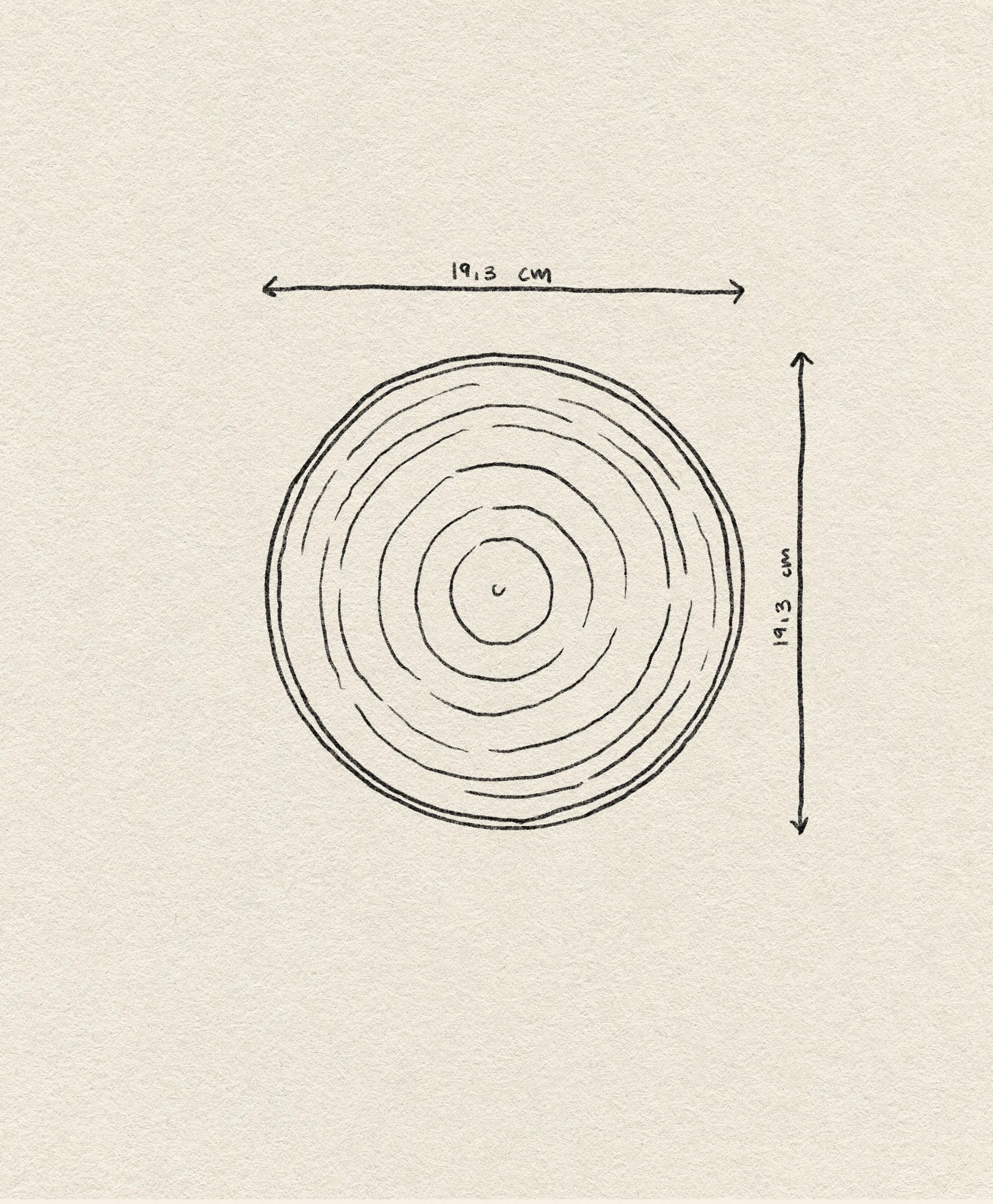 A hand-drawn diagram of concentric circles, with arrows showing 19.3 cm width and height—reflecting the artisanal charm of HKLIVING Chef Ceramics: Deep Plate M—set against a light textured paper background.