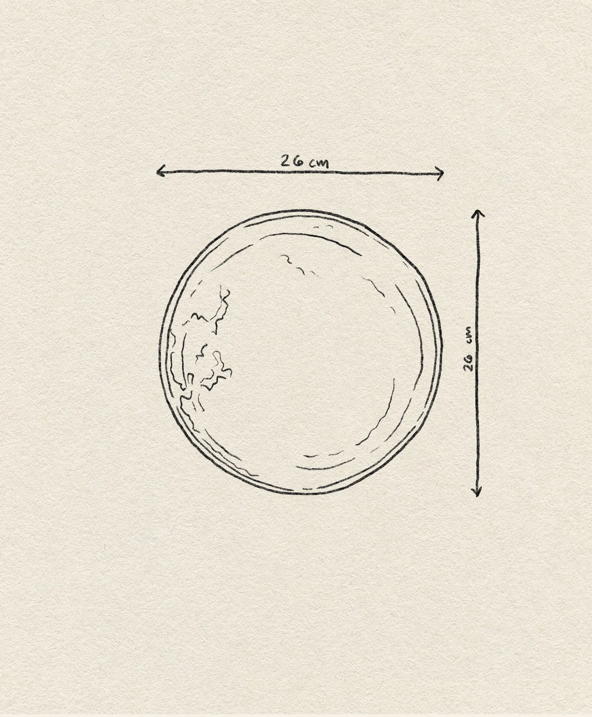 A simple line drawing of the HKLIVING Chef Ceramics: Dinner Plate in rustic pink, 26 cm diameter, features arrows and labels for its size on a plain background, emphasizing its artisanal glaze style.