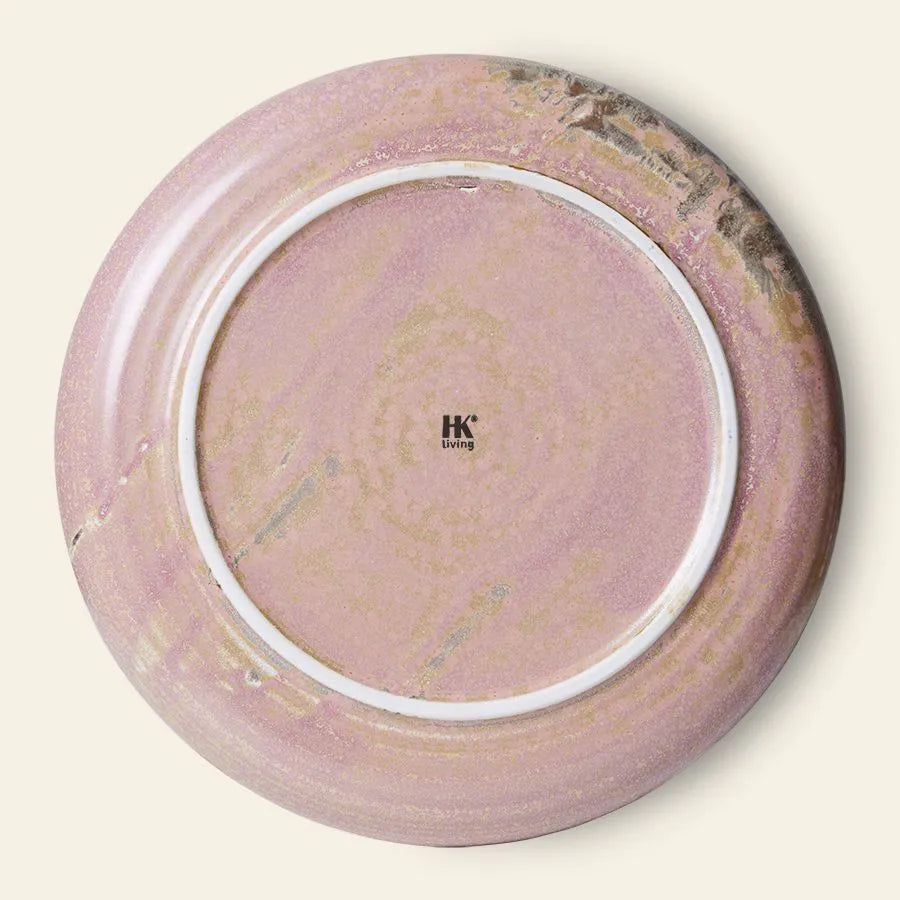A round, rustic pink plate with a beige artisanal glaze, seen from below. It features a raised white ring and “HKLIVING” in black at the center—part of the HKLIVING Chef Ceramics: Dinner Plate collection.