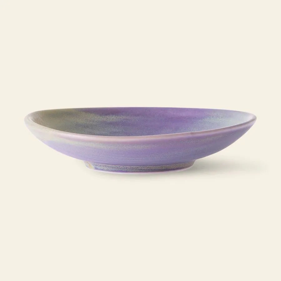 The HKLIVING Chef Ceramics Flat Bowl features a shallow, round shape with a hand-glazed, smooth matte finish in lavender and purple, shown against a plain light background.