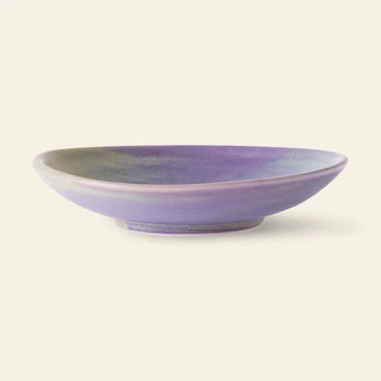 The HKLIVING Chef Ceramics Flat Bowl features a shallow, round shape with a hand-glazed, smooth matte finish in lavender and purple, shown against a plain light background.