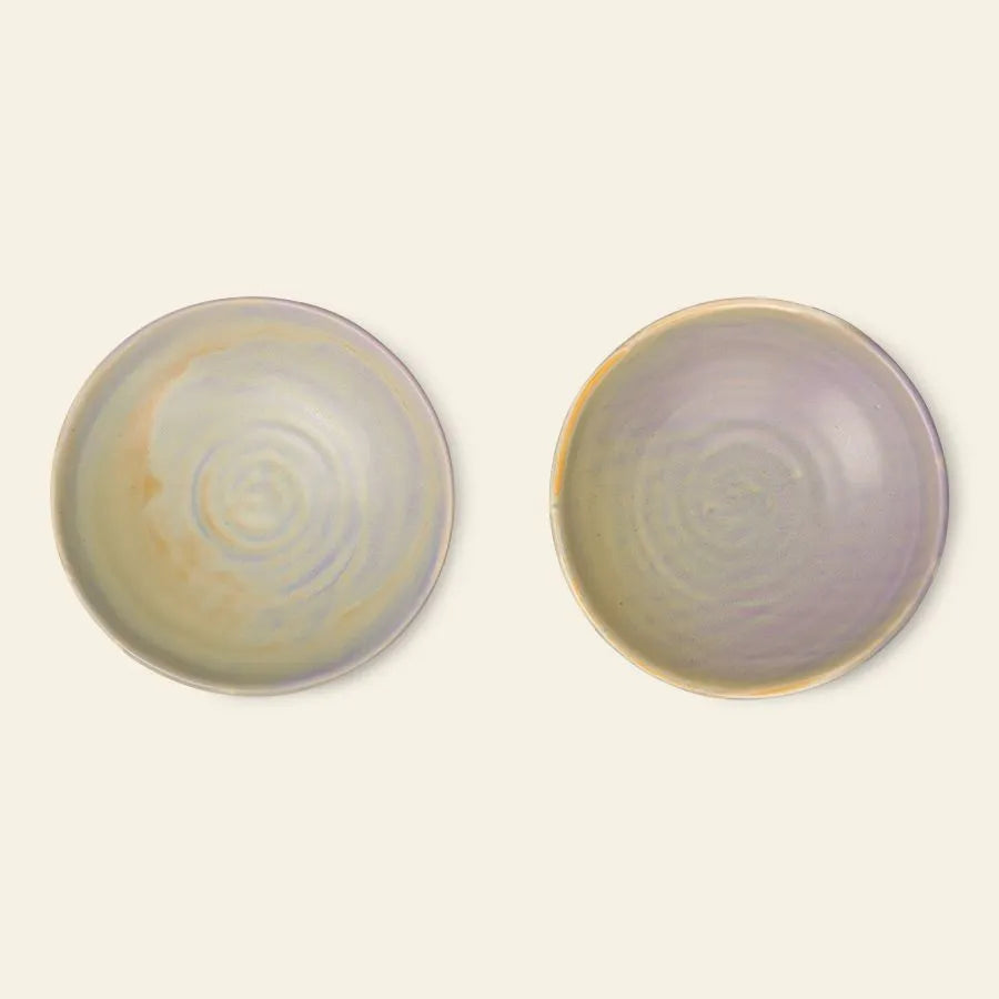 Two HKLIVING Chef Ceramics Flat Bowls featuring a swirled design in cream, purple, and yellow pastel hues are displayed side by side on a light beige background.