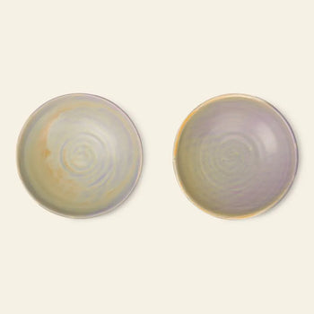 Two HKLIVING Chef Ceramics Flat Bowls featuring a swirled design in cream, purple, and yellow pastel hues are displayed side by side on a light beige background.