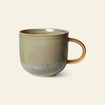 The HKLIVING Chef Ceramics Mug by HKLIVING features a hand-glazed greenish-brown finish, rounded shape, large handle, and rustic look, shown against a plain light background.