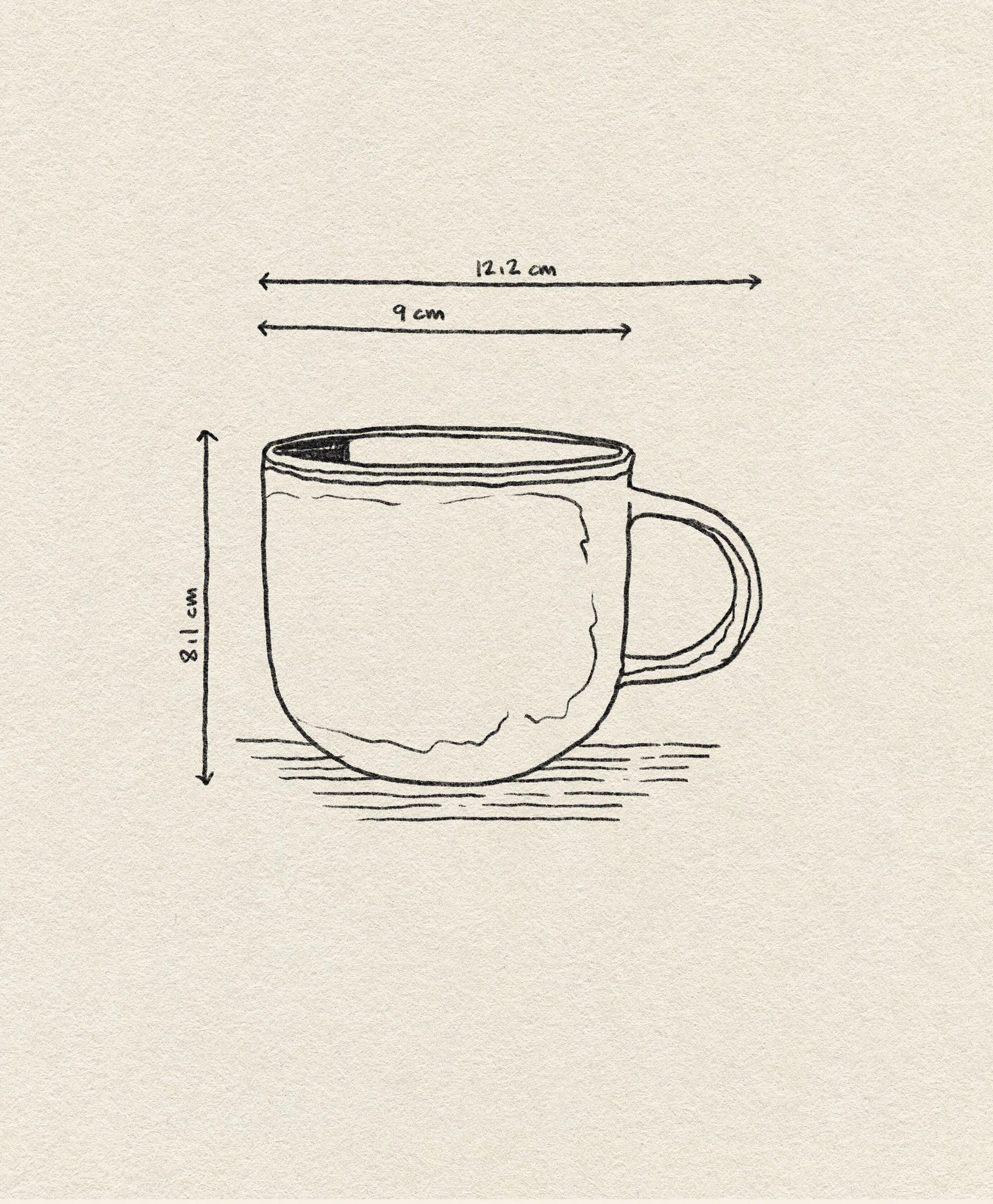 A minimal sketch of the HKLIVING Chef Ceramics: Mug with handle, showing measurements—8.1 cm tall, 9 cm wide at the opening, and 12.2 cm wide including the handle—set on a beige textured background. Brand: HKLIVING.
