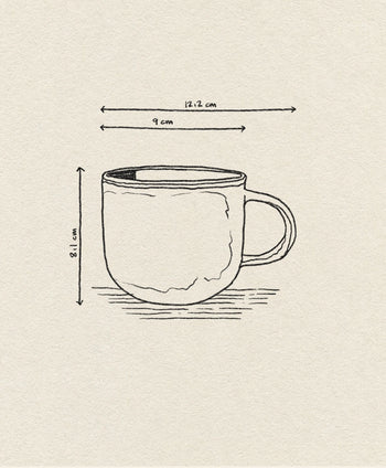 A minimal sketch of the HKLIVING Chef Ceramics: Mug with handle, showing measurements—8.1 cm tall, 9 cm wide at the opening, and 12.2 cm wide including the handle—set on a beige textured background. Brand: HKLIVING.