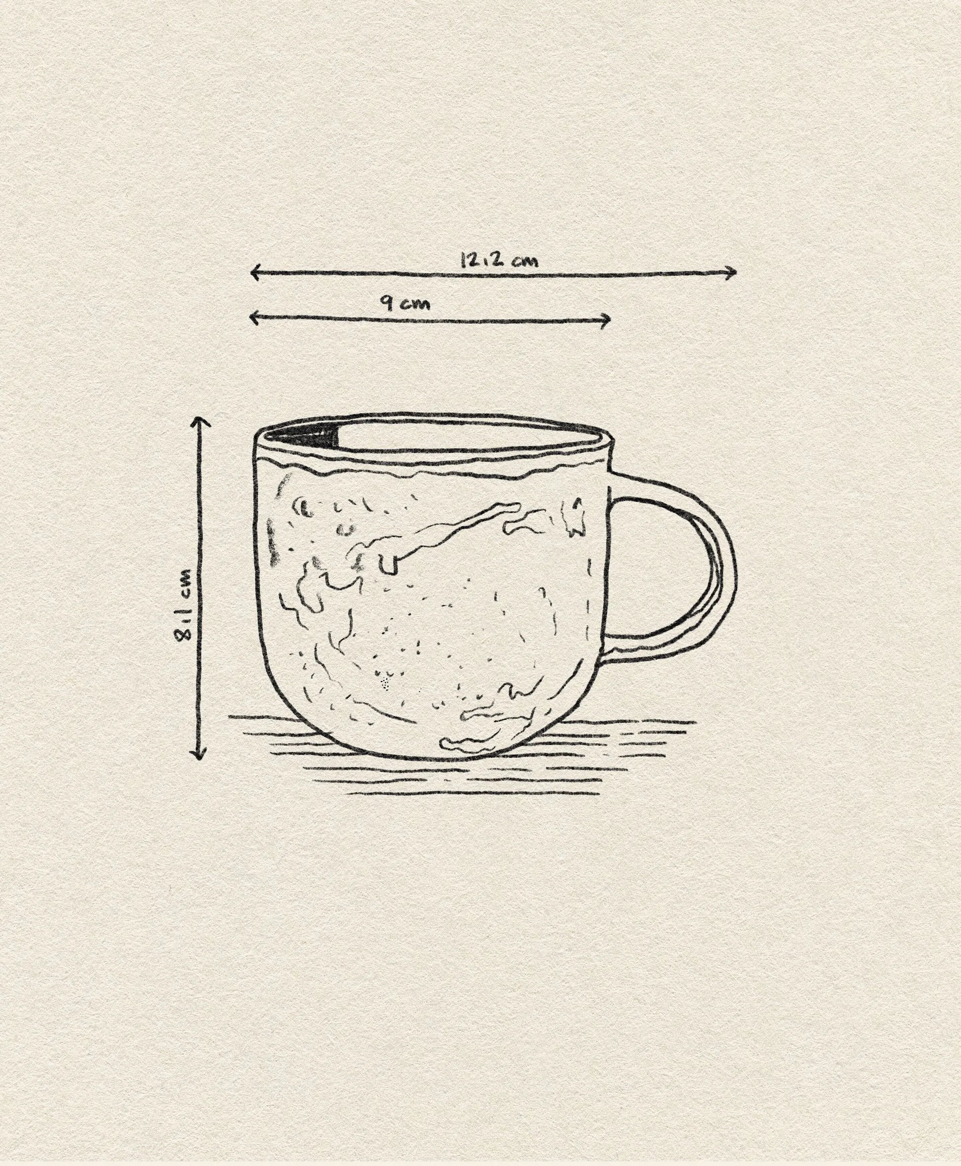 A hand-drawn illustration of the HKLIVING Chef Ceramics Mug by HKLIVING, measuring 8.1 cm tall, 9 cm in diameter, and 12.2 cm wide with handle, shown on a textured beige background.