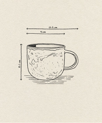 A hand-drawn illustration of the HKLIVING Chef Ceramics Mug by HKLIVING, measuring 8.1 cm tall, 9 cm in diameter, and 12.2 cm wide with handle, shown on a textured beige background.