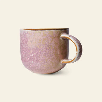 The HKLIVING Chef Ceramics: Mug is a pink ceramic mug with a rounded shape, speckled textured glaze, and large handle by HKLIVING. Shown against a light beige background.