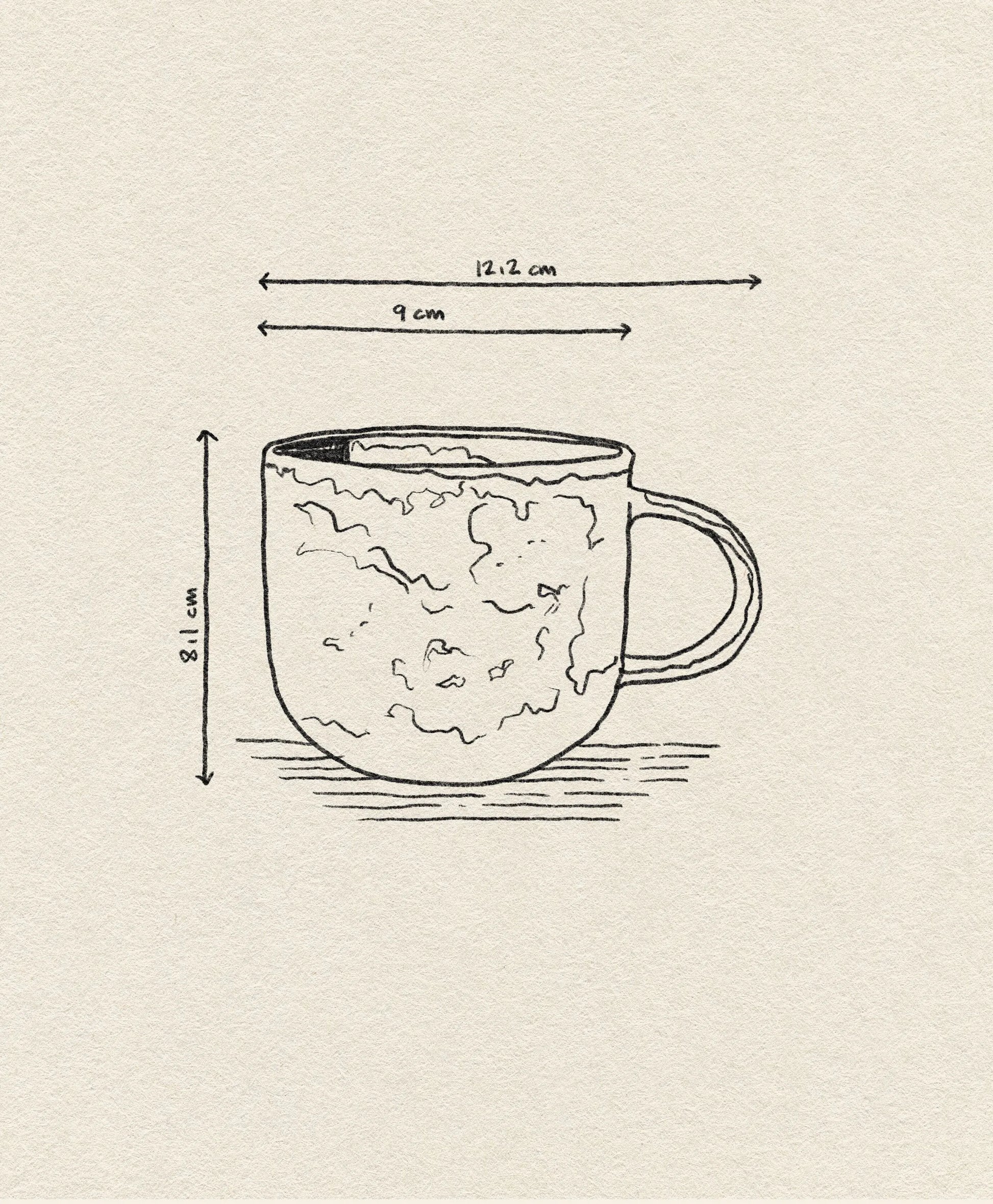 A hand-drawn illustration of the HKLIVING Chef Ceramics Mug by HKLIVING, featuring a textured marbled surface, a handle, and approximate measurements: 8.1 cm tall, 9 cm wide (cup), and 12.2 cm including the handle.