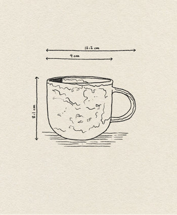 A hand-drawn illustration of the HKLIVING Chef Ceramics Mug by HKLIVING, featuring a textured marbled surface, a handle, and approximate measurements: 8.1 cm tall, 9 cm wide (cup), and 12.2 cm including the handle.