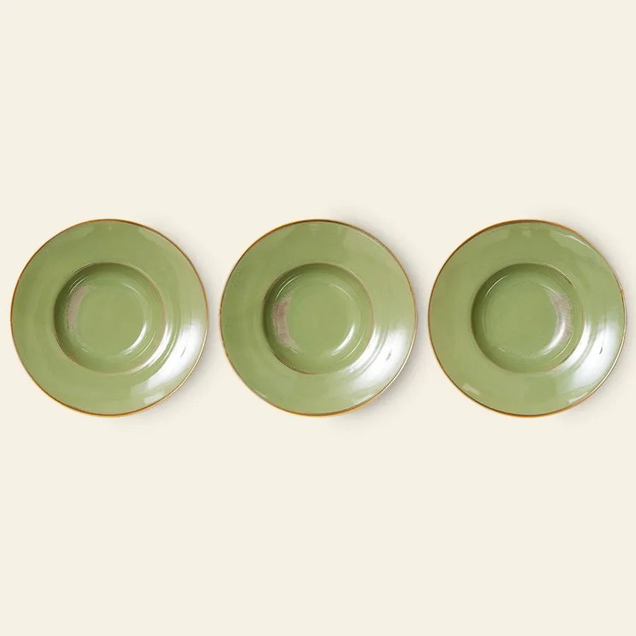 Three HKLIVING Chef Ceramics: Pasta Plates are evenly spaced in a row against a beige background, showcasing the handcrafted green ceramic design with brown rims, perfect for serving pasta or displaying chef ceramics.