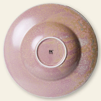 The HKLIVING Chef Ceramics: Pasta Plate is a round, handcrafted ceramic plate with a pink and beige speckled glaze, featuring a central indentation and the HKLIVING logo—a unique piece from the Chef Ceramics collection.