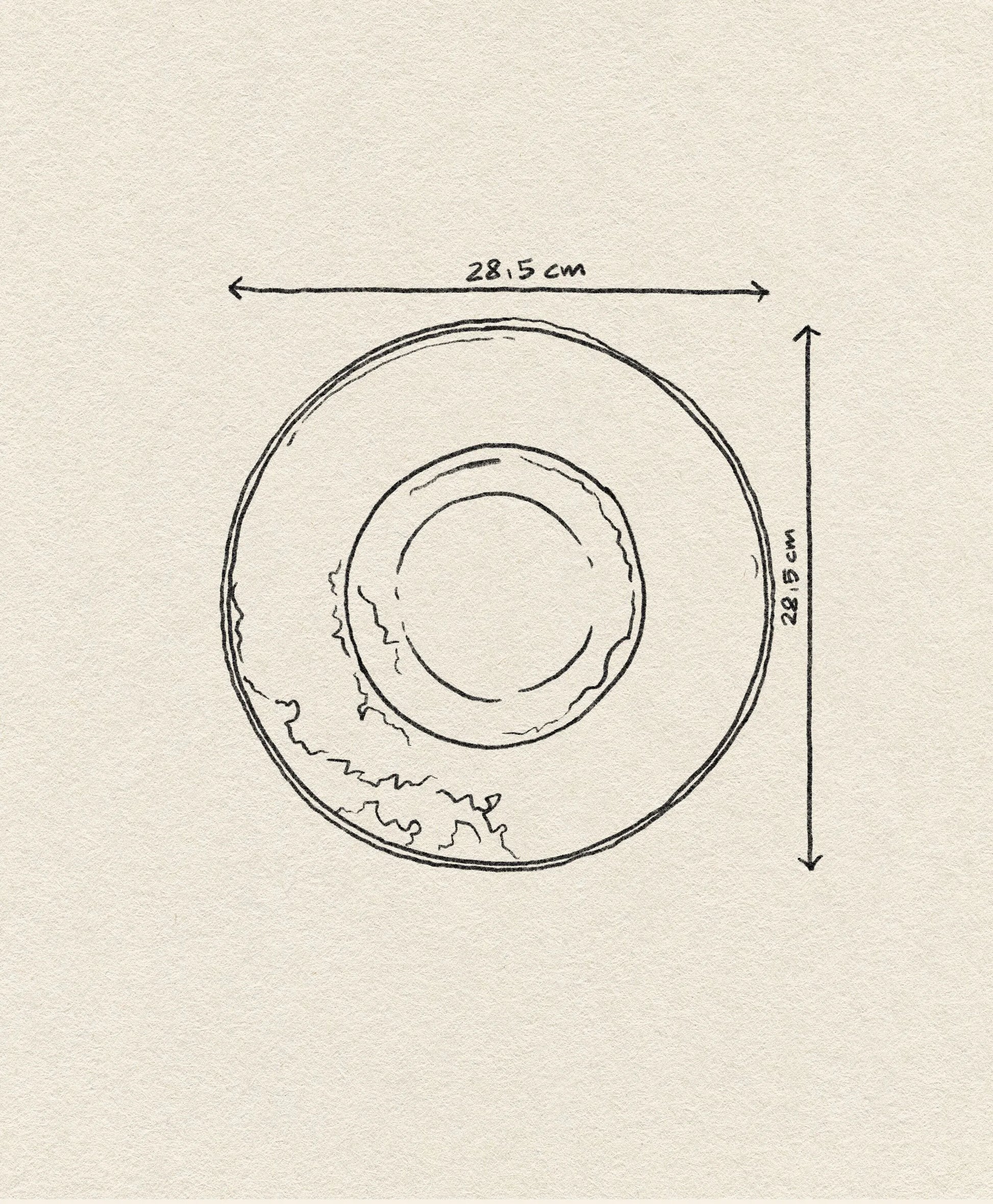 A hand-drawn sketch of the HKLIVING Chef Ceramics: Pasta Plate by HKLIVING, showing its 28.5 cm diameter in both width and height with measurement arrows on a beige background—a perfect example of chef ceramics.