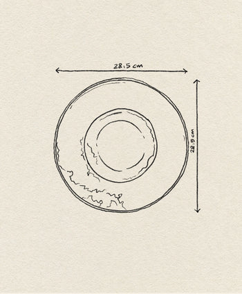 A hand-drawn sketch of the HKLIVING Chef Ceramics: Pasta Plate by HKLIVING, showing its 28.5 cm diameter in both width and height with measurement arrows on a beige background—a perfect example of chef ceramics.