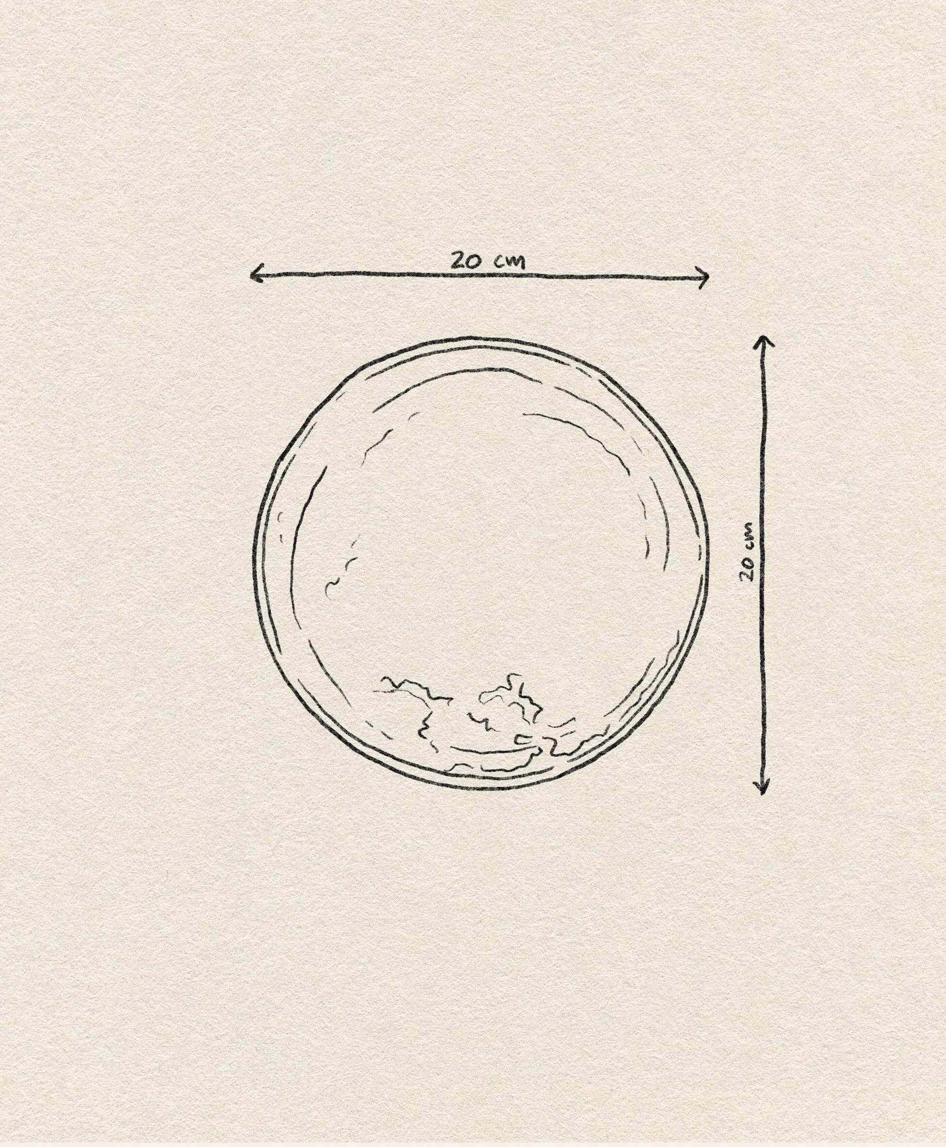 A simple line drawing of the HKLIVING Chef Ceramics: Side Plate (20 cm diameter), viewed from above with horizontal and vertical arrows, on a textured off-white background that evokes hand-glazed artisan ceramics.