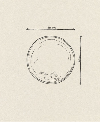 A simple line drawing of the HKLIVING Chef Ceramics: Side Plate (20 cm diameter), viewed from above with horizontal and vertical arrows, on a textured off-white background that evokes hand-glazed artisan ceramics.