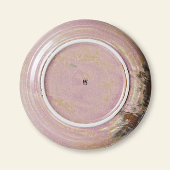 The HKLIVING Chef Ceramics Side Plate is shown upside down, displaying its pink marbled hand-glazed finish, shiny uneven pattern, and small central HKLIVING logo against a solid light beige background.