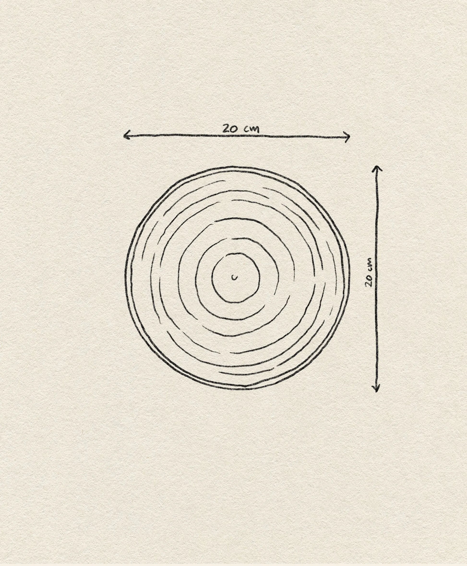 A hand-drawn circular shape with concentric rings, labeled to show a 20 cm diameter and height, resembles the HKLIVING Chef Ceramics: Side Plate by HKLIVING, set on a textured paper background.