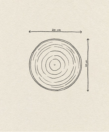 A hand-drawn circular shape with concentric rings, labeled to show a 20 cm diameter and height, resembles the HKLIVING Chef Ceramics: Side Plate by HKLIVING, set on a textured paper background.