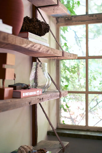 Wooden shelves with books, decor, and the HKLIVING Glass Bum Vase by HKLIVING are mounted on a wall beside a large window. Sunlight pours in, highlighting greenery outside and creating a warm, inviting glow indoors.