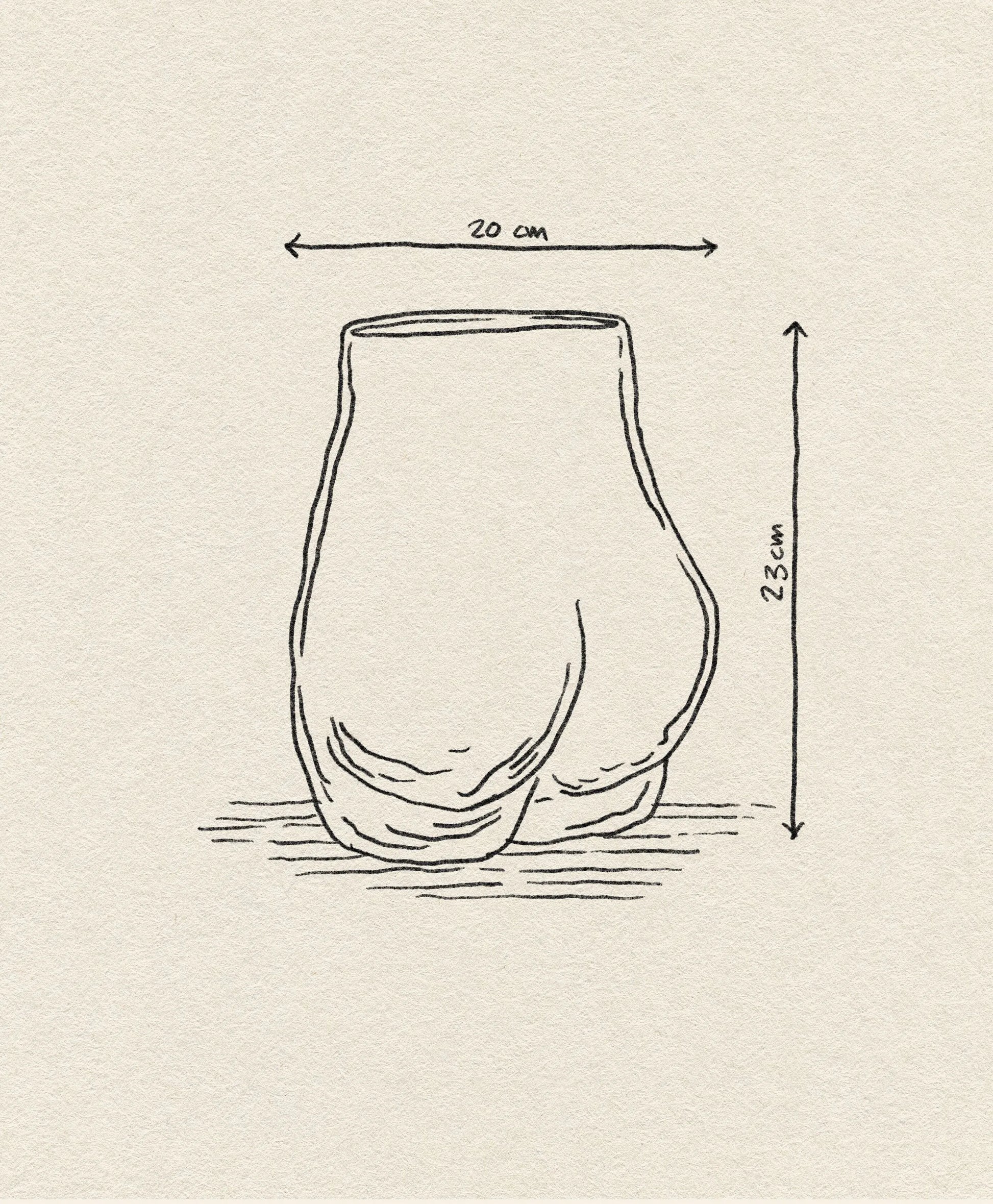 A minimalist line drawing of the HKLIVING Glass Bum Vase by HKLIVING, 20 cm wide and 23 cm tall, is shown on a textured beige background with labeled measurement arrows above and to the right.